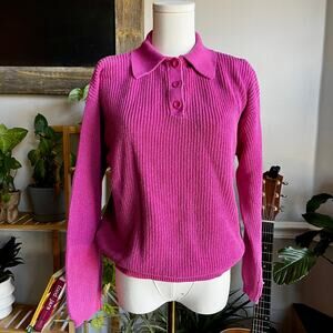Vintage 90s Pink Collared Linen Cotton Knit Sweater Size Medium